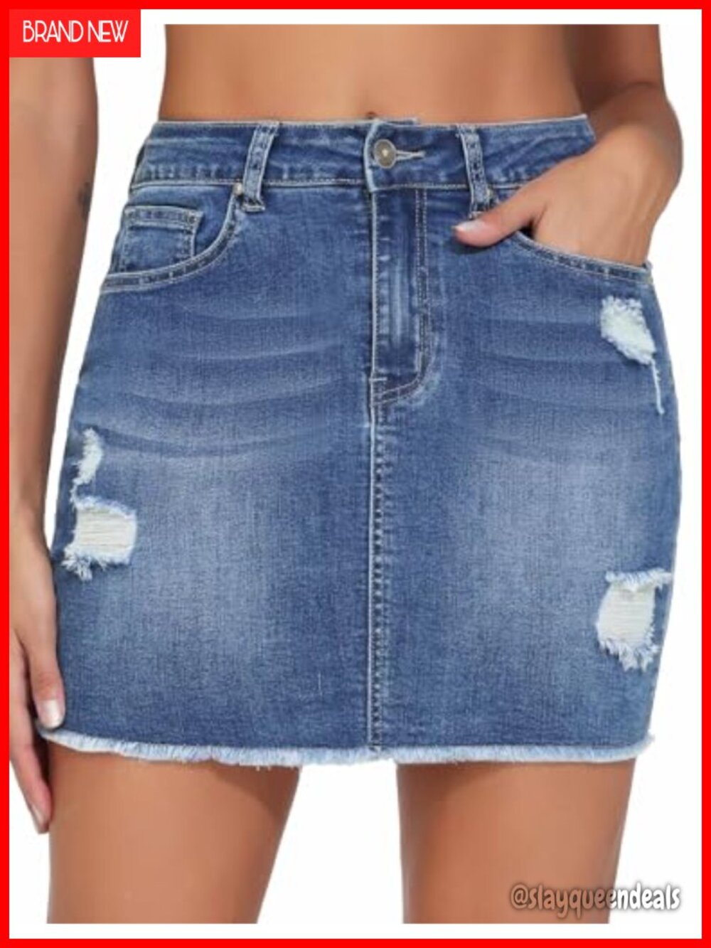 Women's Ripped Denim Mini Skirt Stretchy Raw Hem High Rise